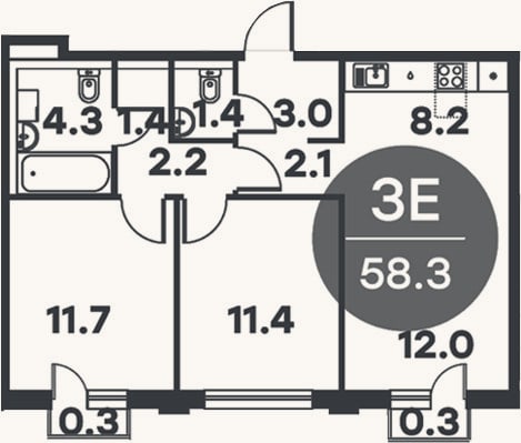 Планировка: 3-к, 57,7 м²