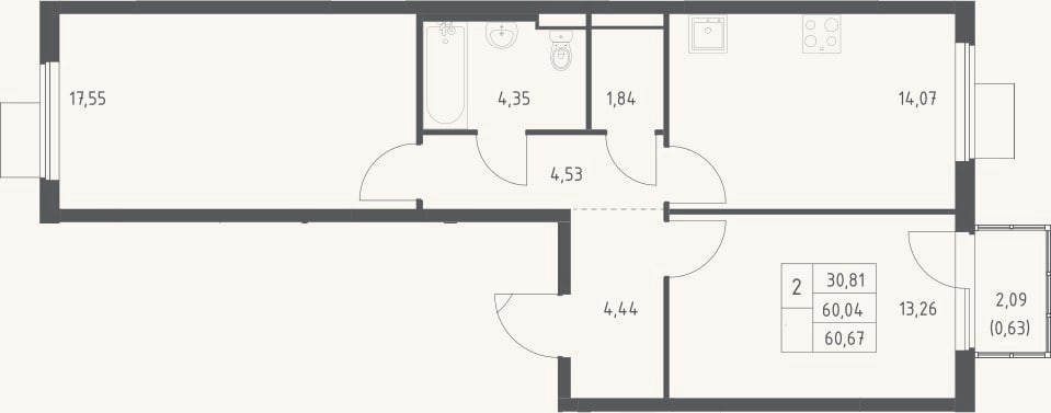 Планировка: 2-к, 60 м²