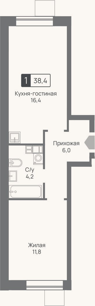 Планировка: 2-к, 38,4 м²