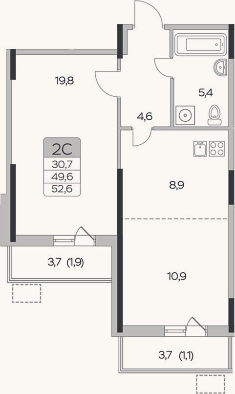Планировка: 1-к, 49,6 м²