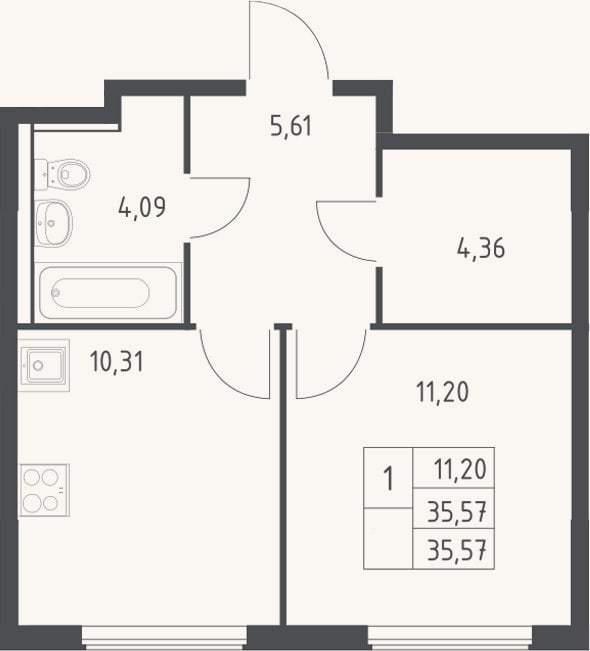 Планировка: 1-к, 35,6 м²