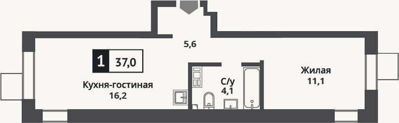 Планировка: 2-к, 37 м²