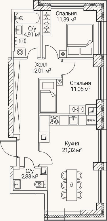 Планировка: 3-к, 63,5 м²