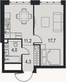 Планировка: 1-к, 37,2 м²