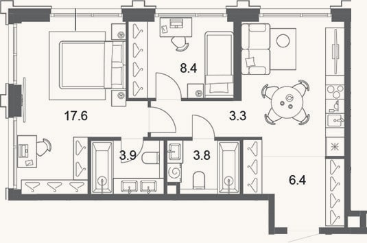 Планировка: 3-к, 57,1 м²