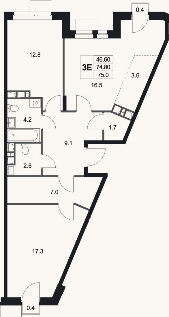 Планировка: 3-к, 74,8 м²