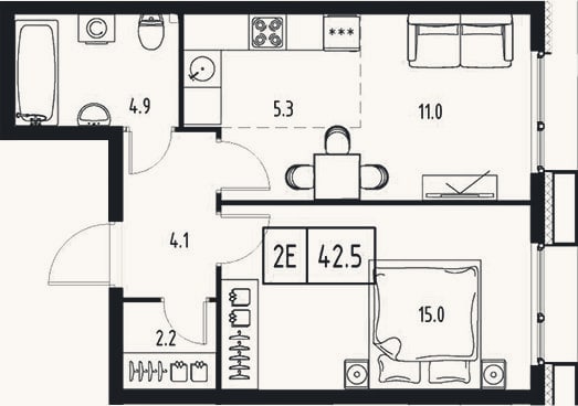Планировка: 2-к, 42,5 м²