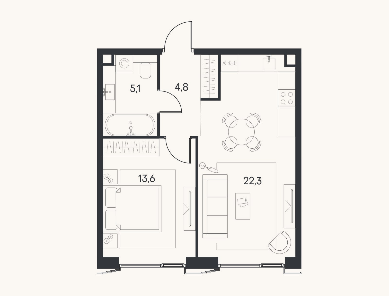 Планировка: 2-к, 45,8 м²