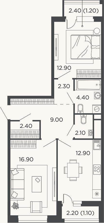 Планировка: 2-к, 62,9 м²