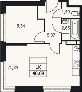 Планировка: 1-к, 40,7 м²