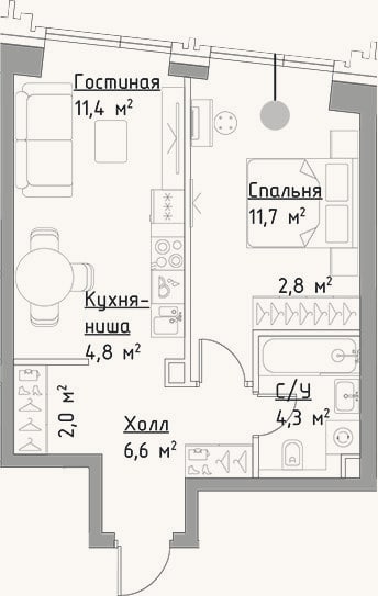 Планировка: 2-к, 43,6 м²