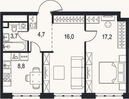 Планировка: 2-к, 50,4 м²