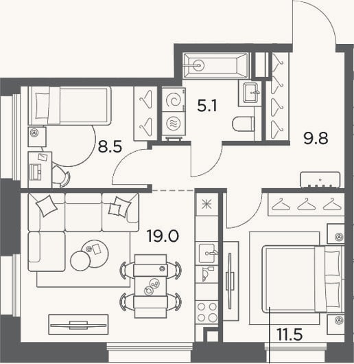 Планировка: 2-к, 53,9 м²
