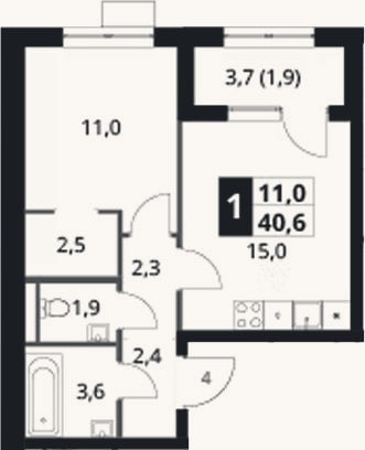 Планировка: 1-к, 38,7 м²