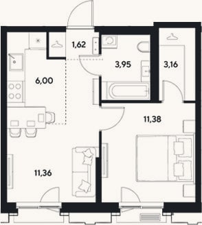 Планировка: 2-к, 37,5 м²
