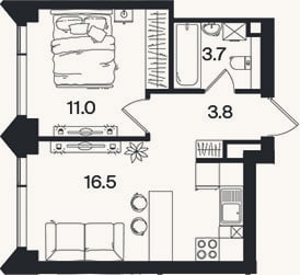 Планировка: 2-к, 35 м²