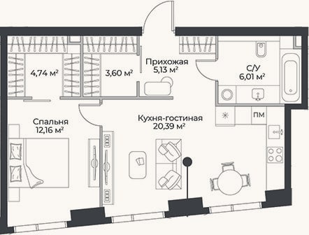 Планировка: 2-к, 52 м²