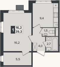 Планировка: 1-к, 39,3 м²