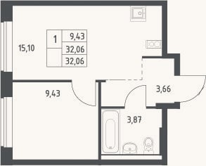 Планировка: 2-к, 32,1 м²