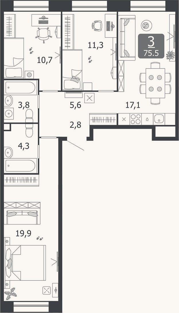 Планировка: 4+ к, 75,5 м²