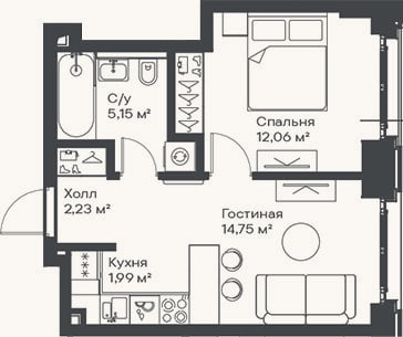 Планировка: 2-к, 36,2 м²