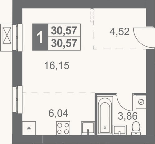 Планировка: Студия, 30,6 м²