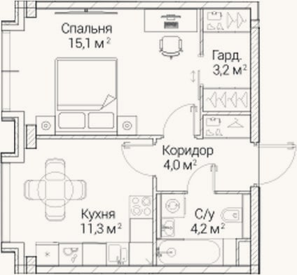 Планировка: 1-к, 37,8 м²