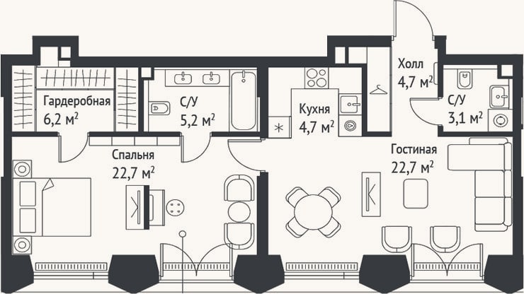 Планировка: 2-к, 69,4 м²