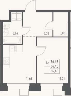 Планировка: 1-к, 36,5 м²