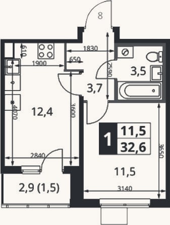 Планировка: 1-к, 31,1 м²