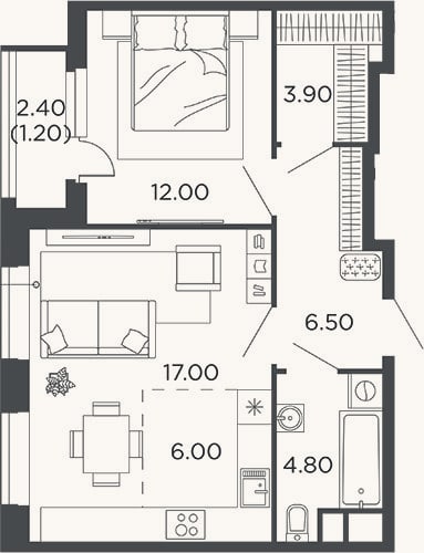 Планировка: 2-к, 50,2 м²