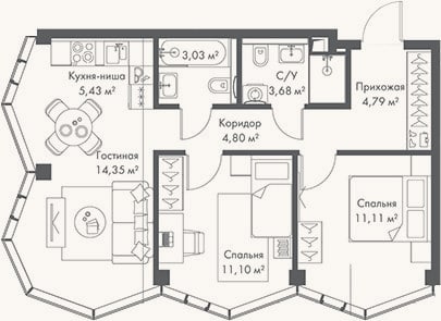 Планировка: 3-к, 58,3 м²