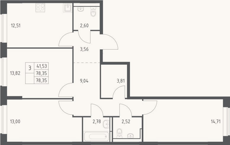 Планировка: 3-к, 78,4 м²