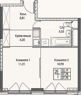 Планировка: 2-к, 37,8 м²