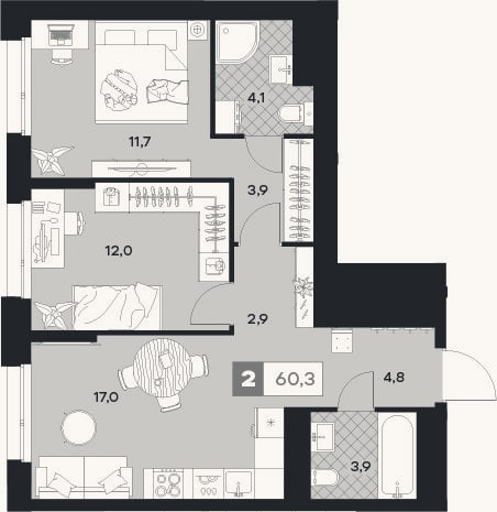 Планировка: 2-к, 60,3 м²