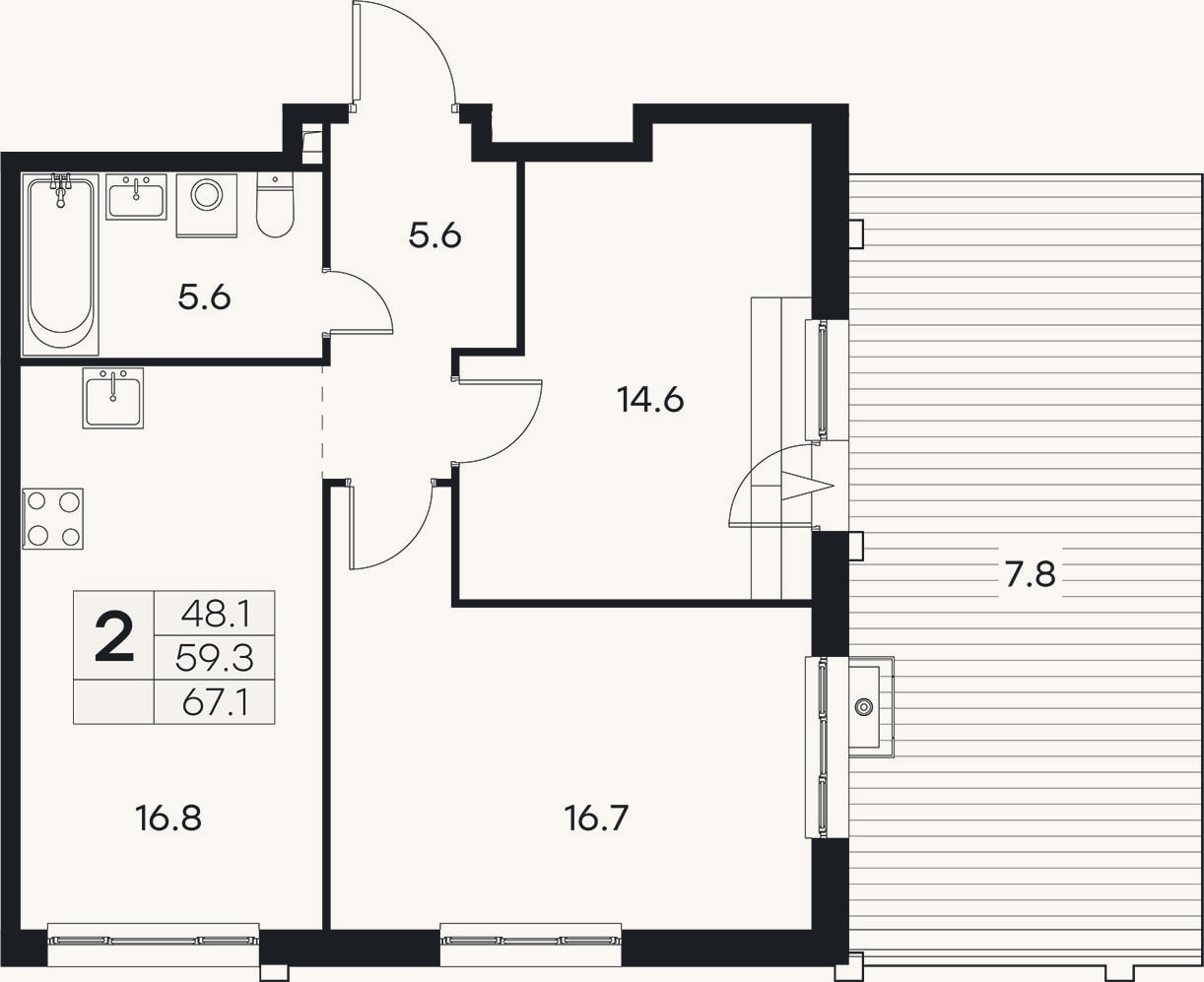 Планировка: 3-к, 59,3 м²