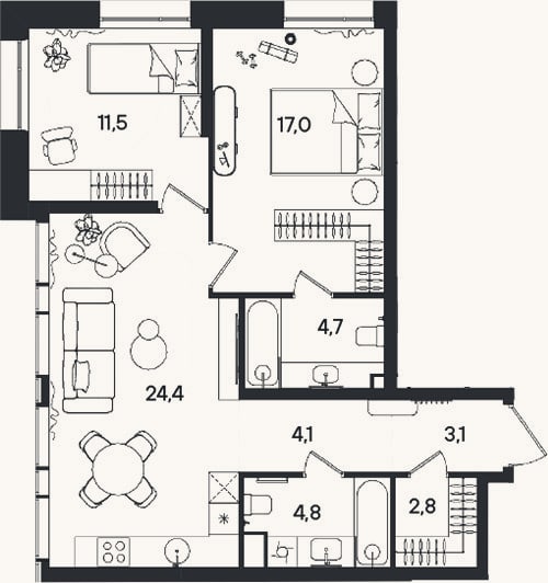 Планировка: 3-к, 72,4 м²