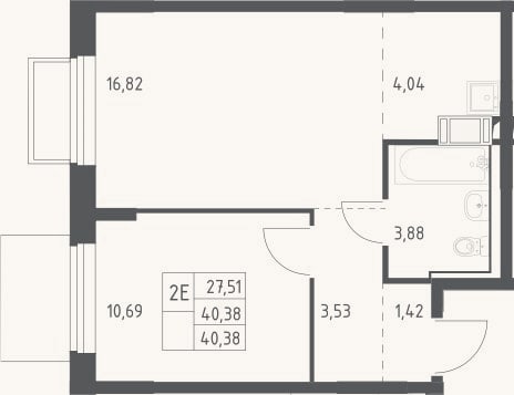 Планировка: 2-к, 40,4 м²
