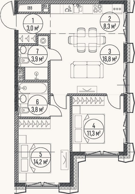 Планировка: 3-к, 61,3 м²