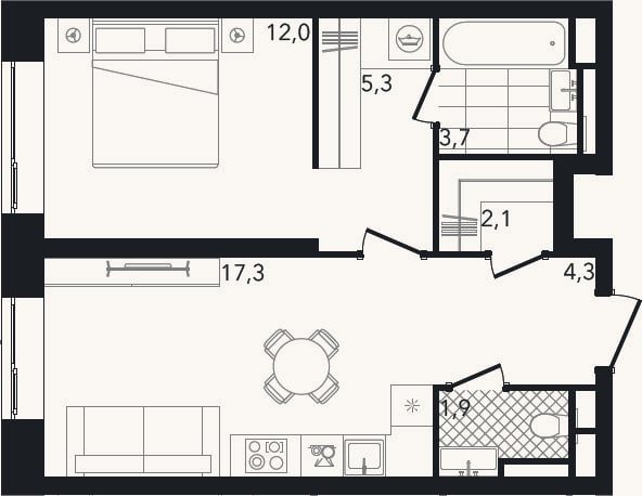 Планировка: 2-к, 46,7 м²