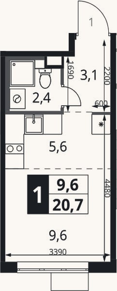 Планировка: Студия, 20,7 м²