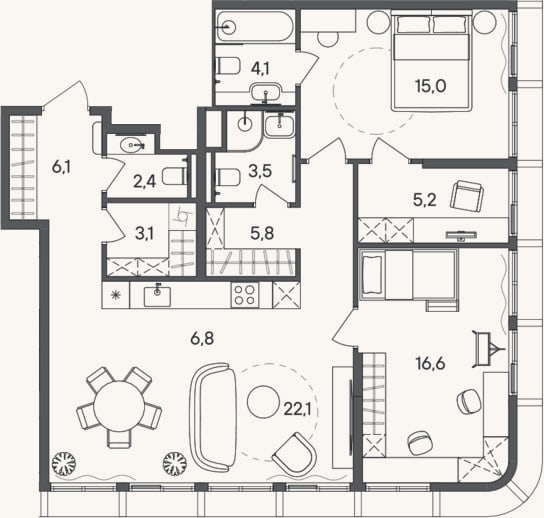 Планировка: 3-к, 90,7 м²