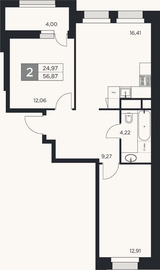 Планировка: 3-к, 54,9 м²