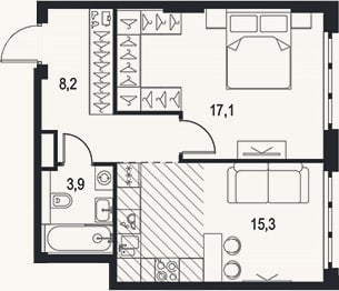 Планировка: 1-к, 44,5 м²