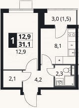 Планировка: 1-к, 29,6 м²