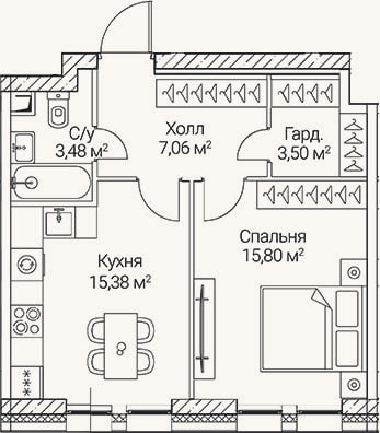 Планировка: 1-к, 45,2 м²
