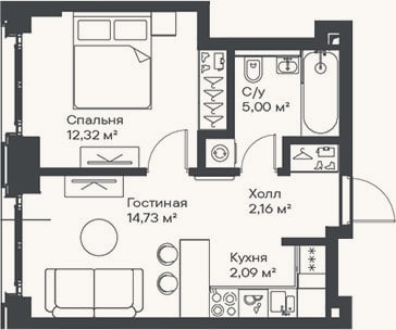 Планировка: 2-к, 36,3 м²