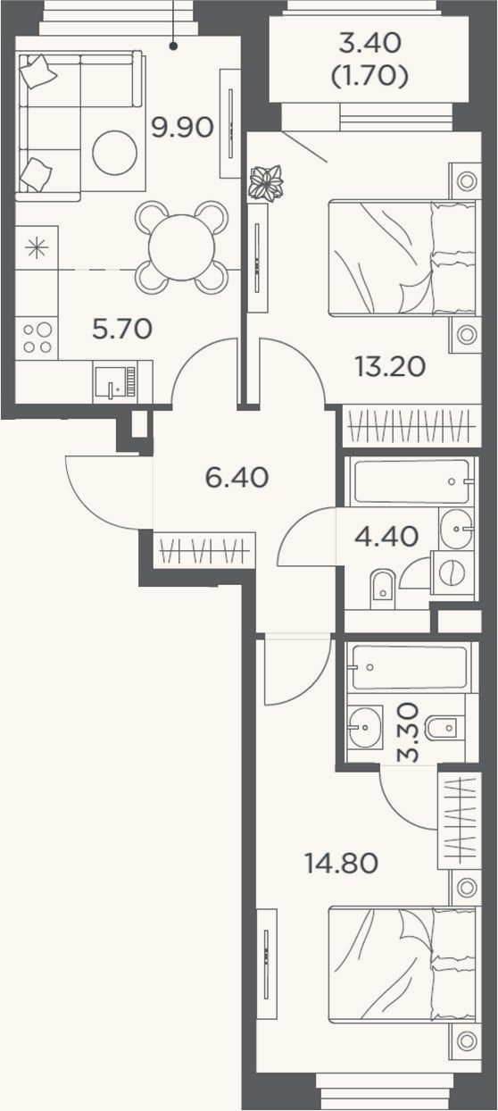 Планировка: 3-к, 57,7 м²