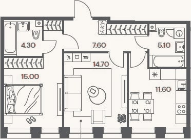 Планировка: 2-к, 58,3 м²