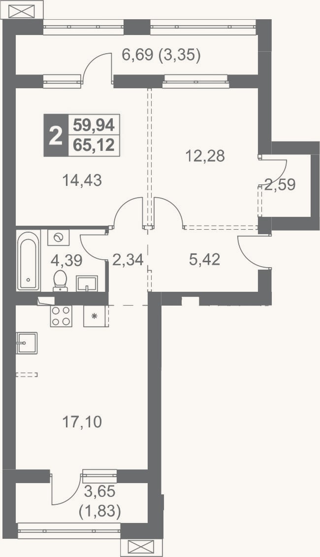 Планировка: 2-к, 59,9 м²